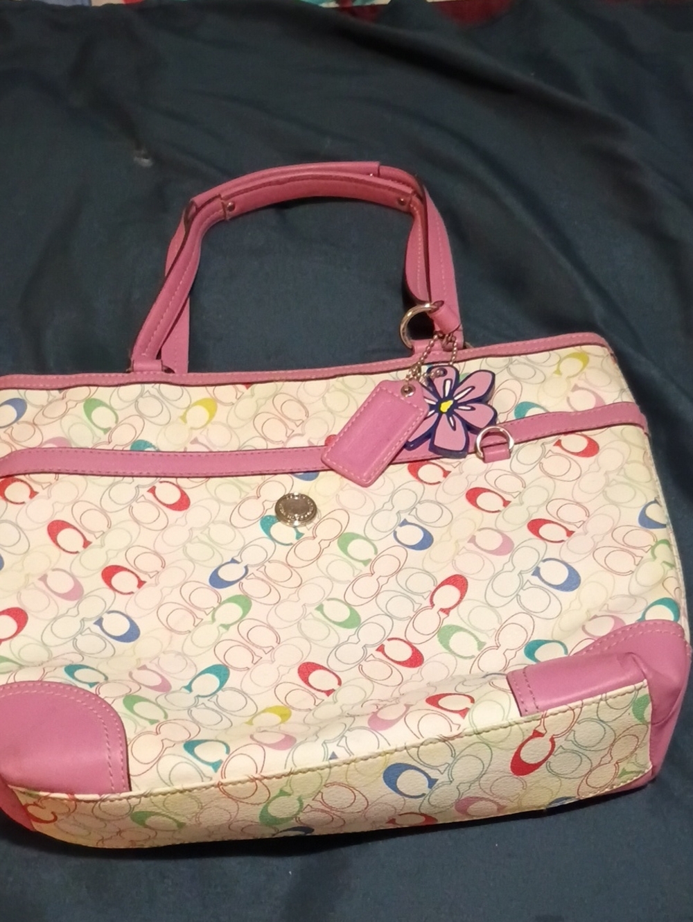 Pink Multi-Color Patterned Tote Bag with Flower Charm